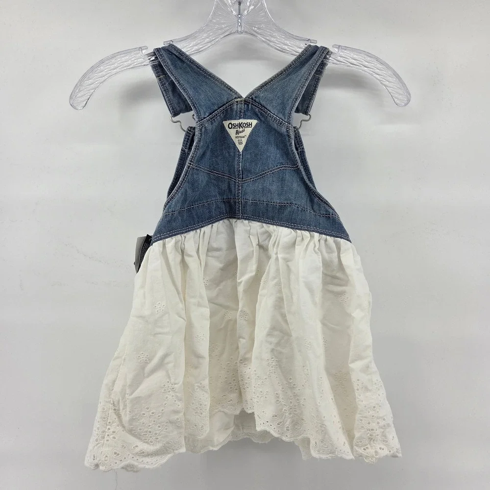 OshKosh B'gosh Girls Denim Ruffle Eyelet Sundress Overalls Dress 4T‎ New